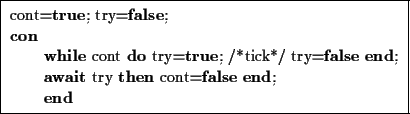 \framebox{
\begin{minipage}{9.5cm}
\begin{tabbing}
cont={\bf true}; try={\bf fa...
...f then }cont={\bf false}\ {\bf end}; \\
{\bf end}
\end{tabbing}\end{minipage}}